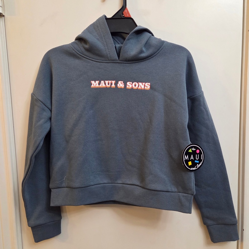 Maui and Sons Youth Medium 7/8 Cropped Hoodie Blue Graphic Surf Sweatshirt NWT
